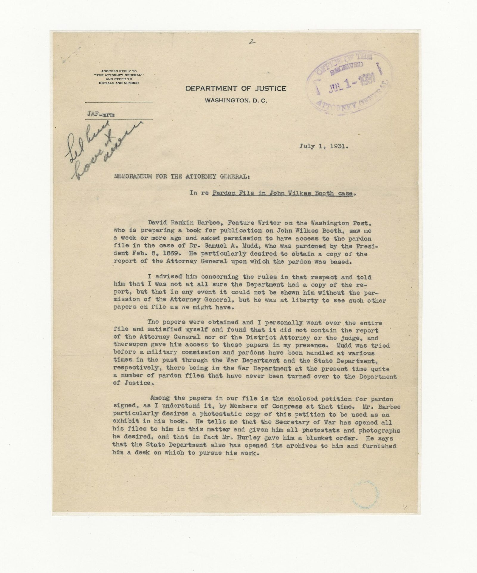 A typed memorandum from the U.S. Pardon Attorney