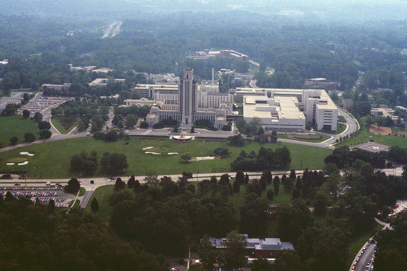 Aerial view of the naval hospital campus in Bethesda, Maryland, now Walter Reed National Military Medical Center
